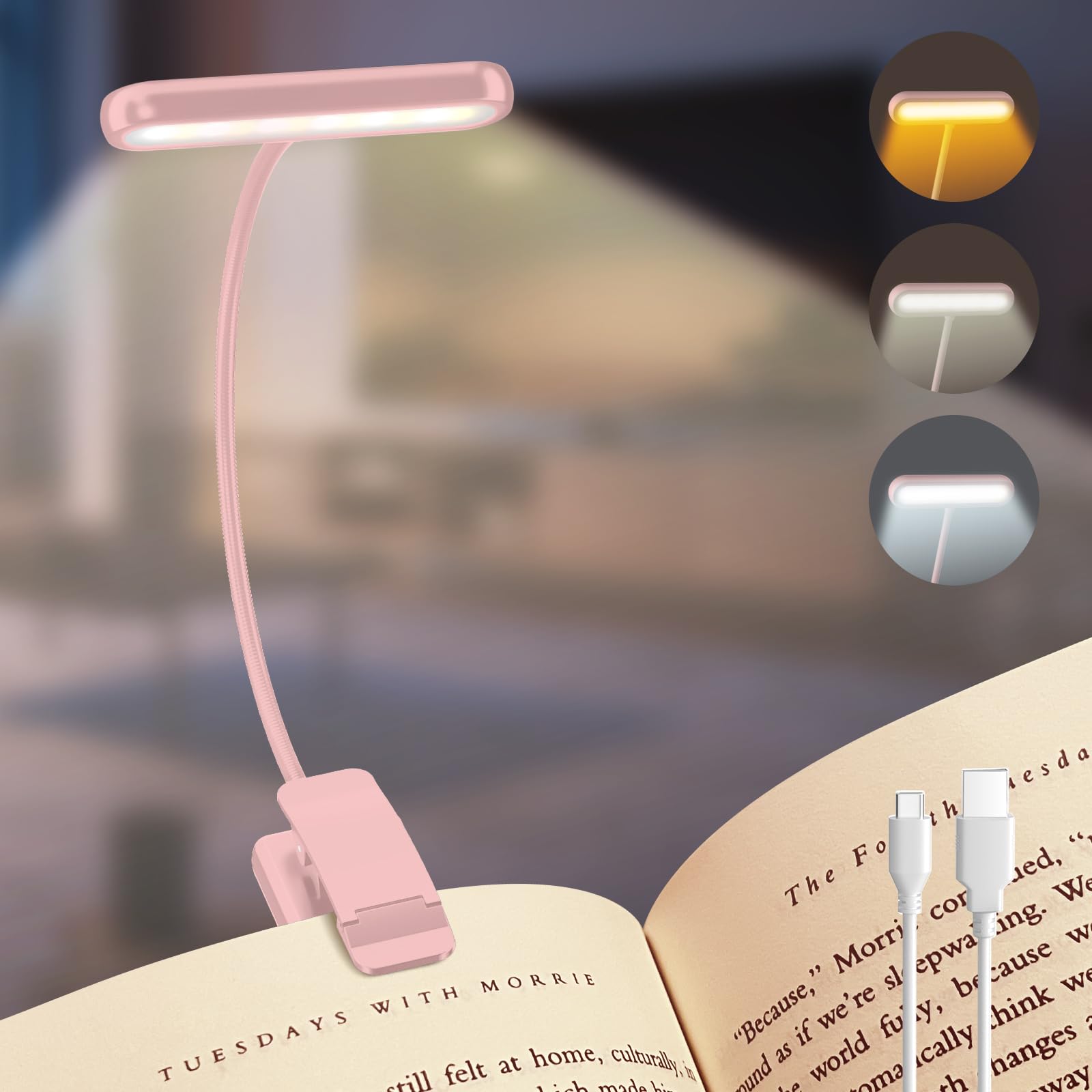 iFalarila Buchlampe, Wiederaufladbare Leselampe für das Lesen im Bett mit 3 Farben & 10 Helligkeit dimmbar, flexibler Schwanenhals kleine Clip auf Leselicht für Kinder