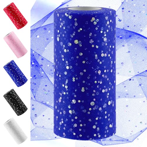 Swpeet Rollo de tela de tul con purpurina azul real, bobina de tela de tul brillante, bobina de tul brillante, bobina de poliéster para manualidades, decoración de boda, accesorios de artesanía de