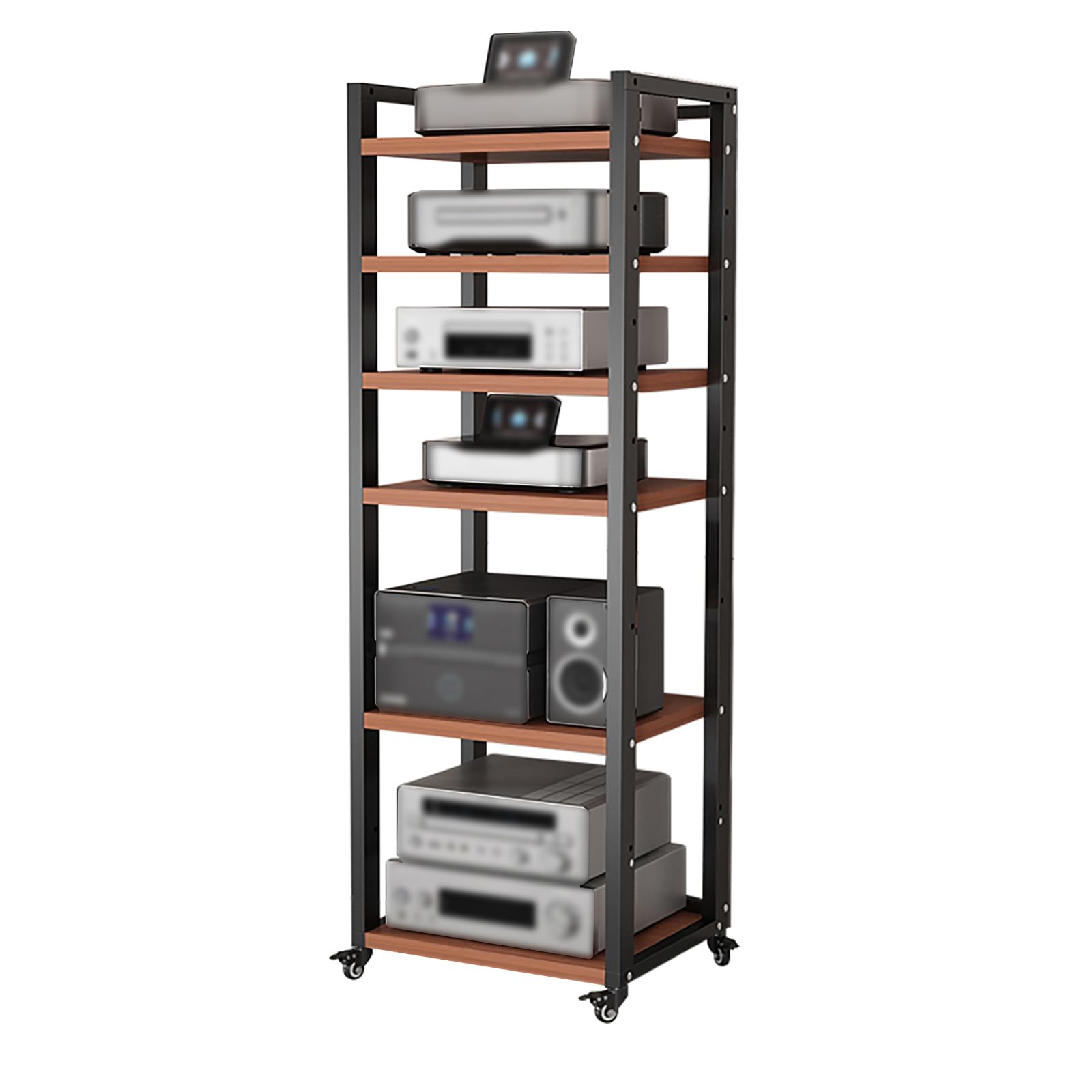 Scaffale stereo regolabile con ruote, supporto per componenti audio a 6 livelli, versatile scaffalatura per dispositivi multimediali, robusta struttura in noce per home theater, 60 x 40 x 161 cm
