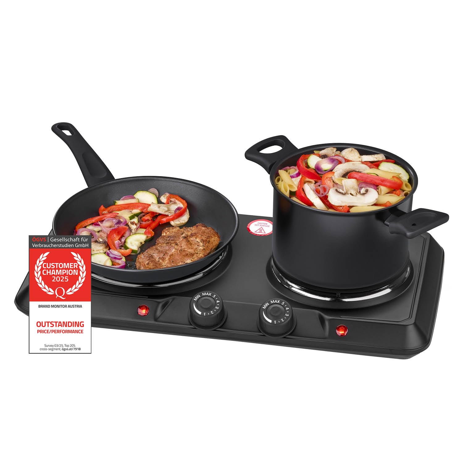 Placa de cocción doble TZS First Austria 2500 W | Placas de cocción de hierro fundido 180/150 mm | Control manual | Carcasa metálica | Portátil para camping y viajes