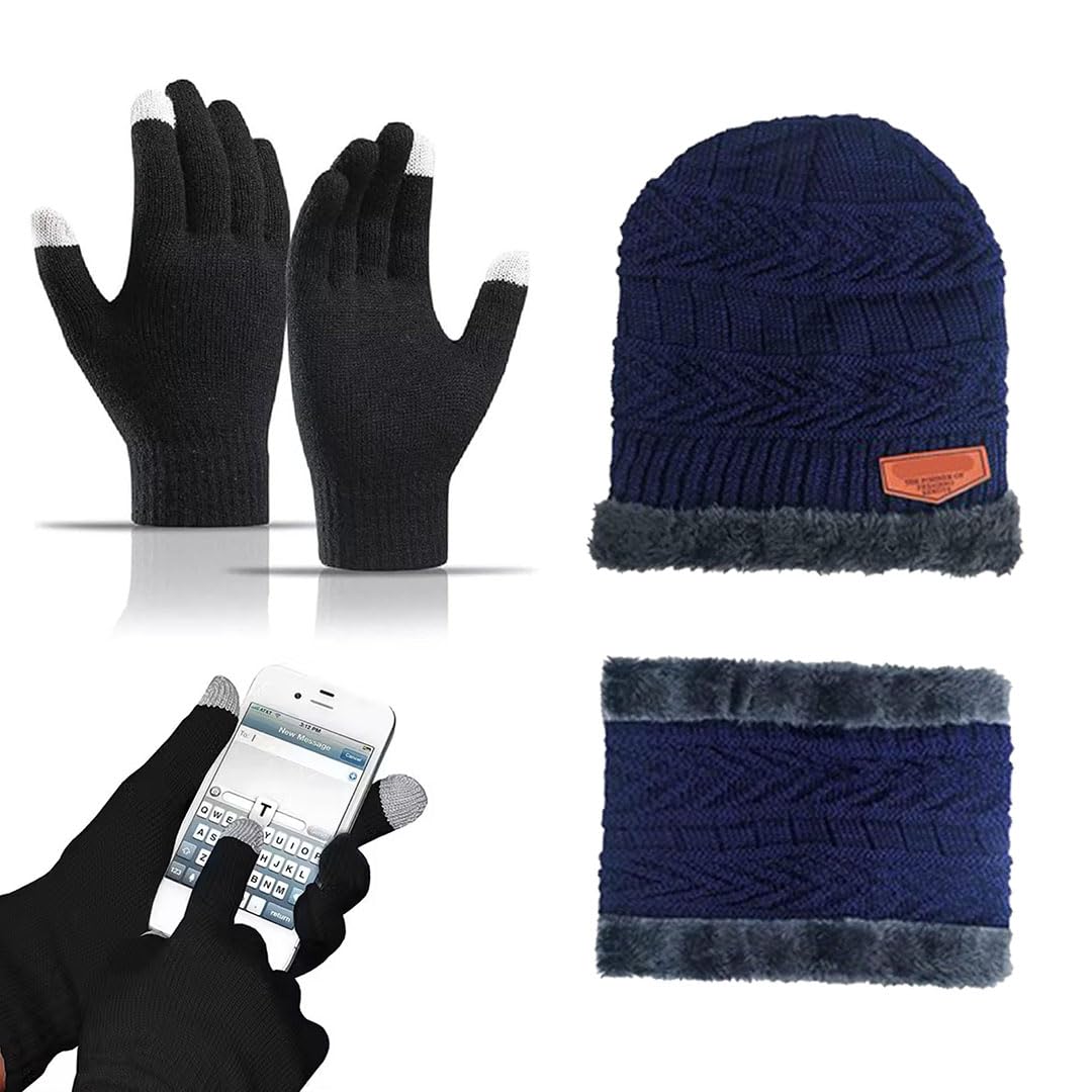 Winter Beanie Hat with Neck Warmer and Touchscreen Gloves Set, Navy Blue, Fleece Lined, 3 Piece-image-40