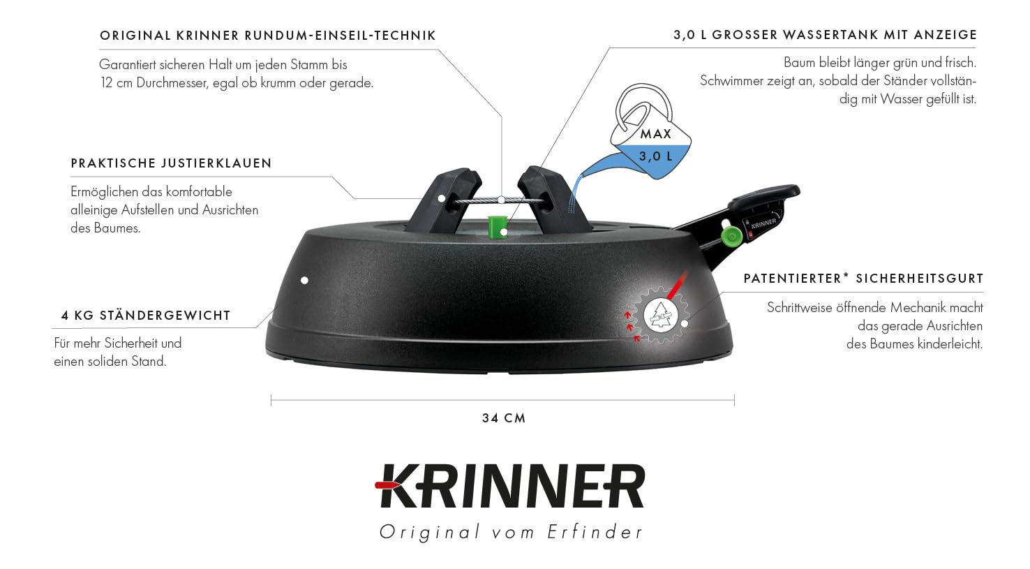 KRINNER® Recycling Weihnachtsbaum Christbaumständer Green Line S Schwarz 34cm inkl. Fußpedal- und Einseiltechnik für Baumhöhe bis 2,2m & 3l Wassertank Made IN Germany 94119
