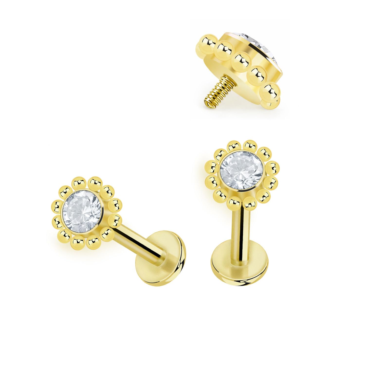 Titanium G23 Internally Threaded CZ Flower Nose or Earring – PVD Gold Plated 16G for Ear, Helix, Tragus, Nose & Lip – Hypoallergenic 4 mm Flat Back, 7–10 mm Length