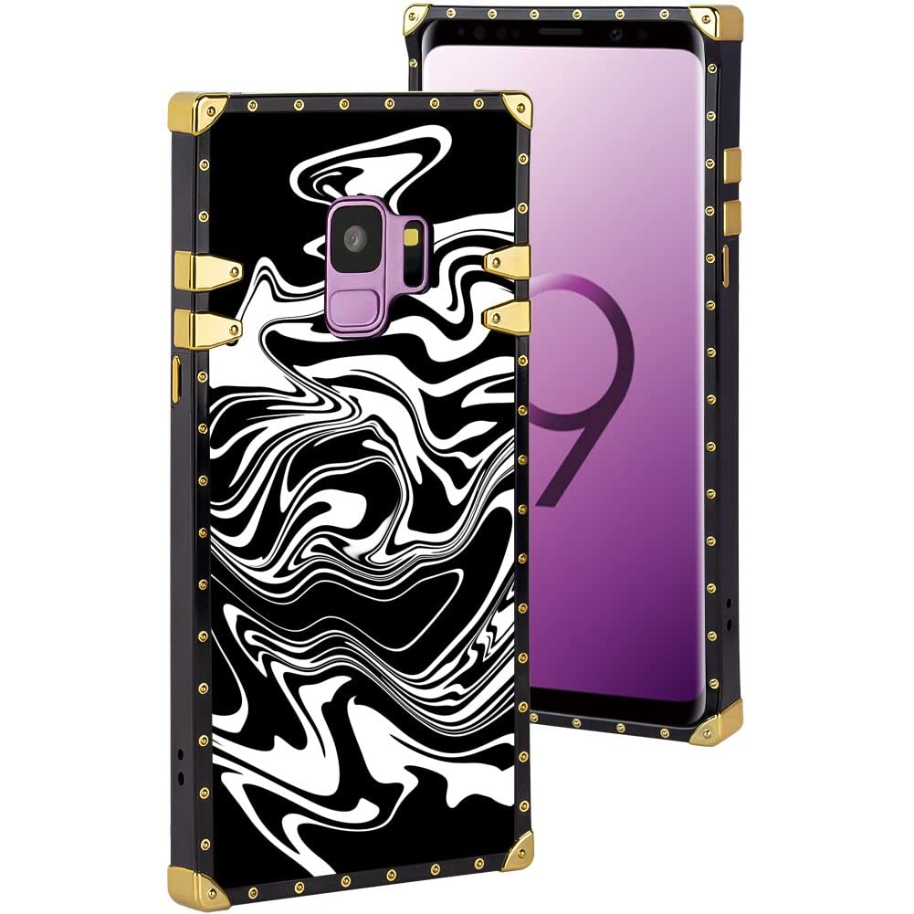 SHENCANG BLUE Designed Phone Case for Samsung Galaxy S9 Designer Marble Black White Design Black Frame Smartphone Cover Soft TPU Shockproof Mobile Phone Case