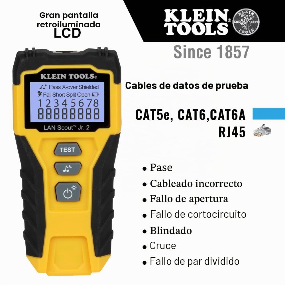 Klein Tools VDV526-200 | Probador De Cables LAN Scout Jr 2 | Prueba Y Resolucion De Problemas Cables Datos RJ45 | Pantalla LCD Retroiluminada | Funciones Prueba Y Tonos