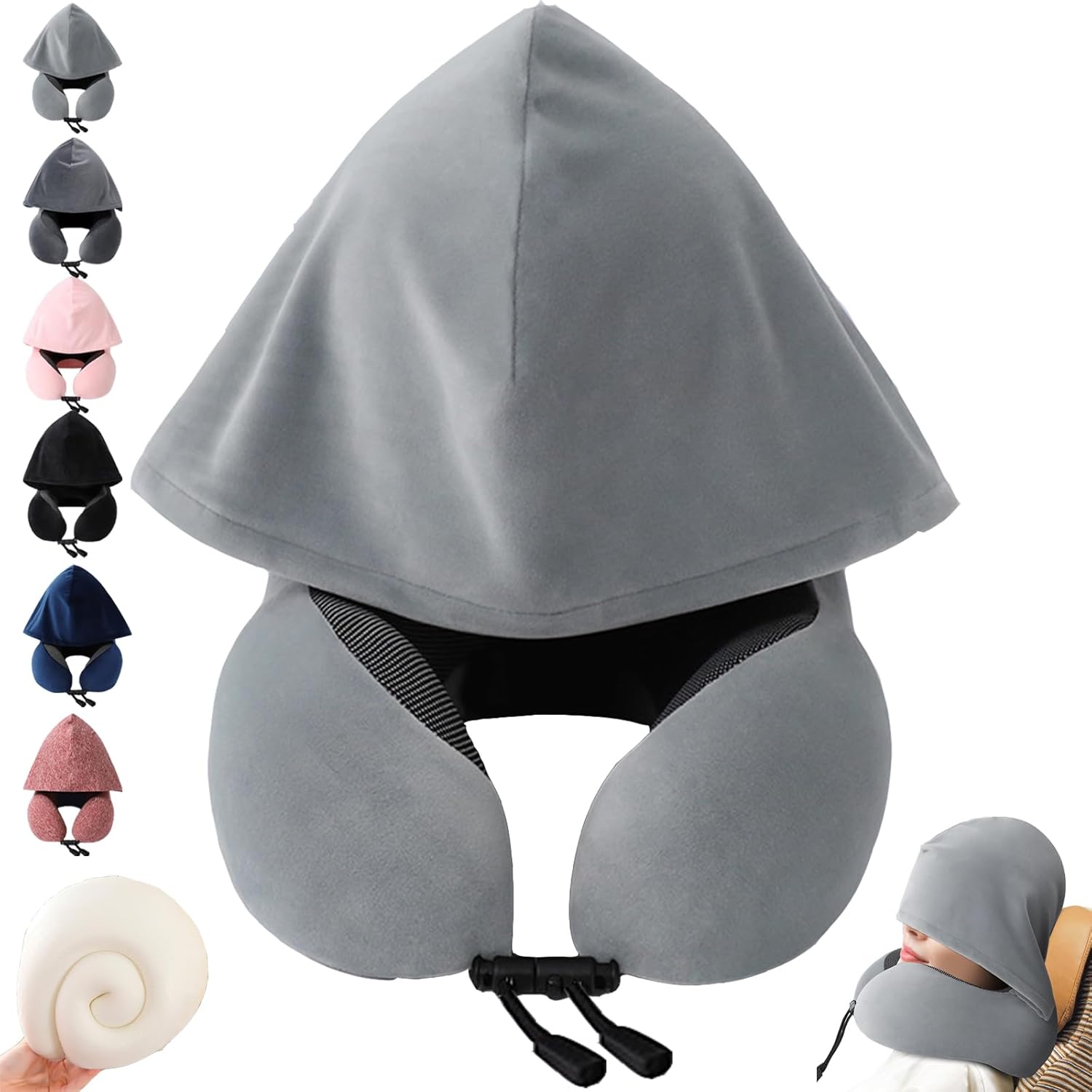 YOUYIKE Travel Pillow, Airplane Pillow, Hooded Travel Cushion, Ideal for Sleeping on the Airplane, Car, Train, Bus and at Home (Light Grey)