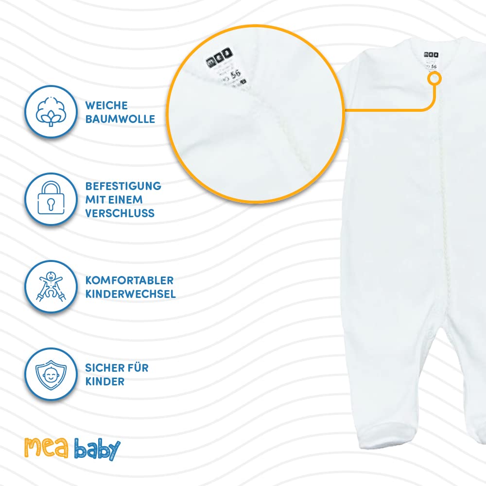 MEA BABY śpioszki niemowlęce unisex wykonane ze 100% bawełny organicznej, pakowane po 2 sztuki. Białe (kremowe) piżamy, chłopięce piżamy, dziewczęce piżamy (68)