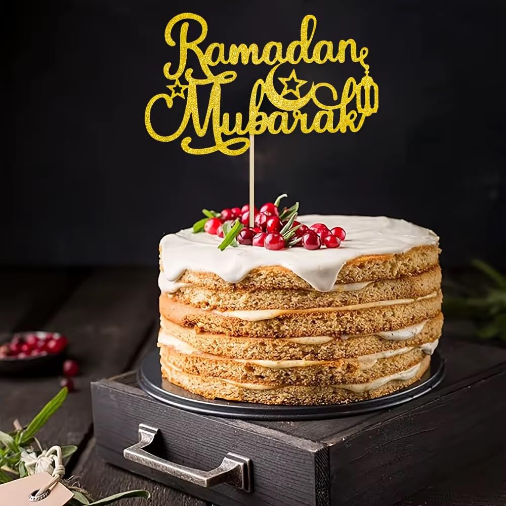 3 Ramadan Mubarak Cake Toppers, Gold Glitter Topper, Decorations, Hamper Gift Tag, Charms