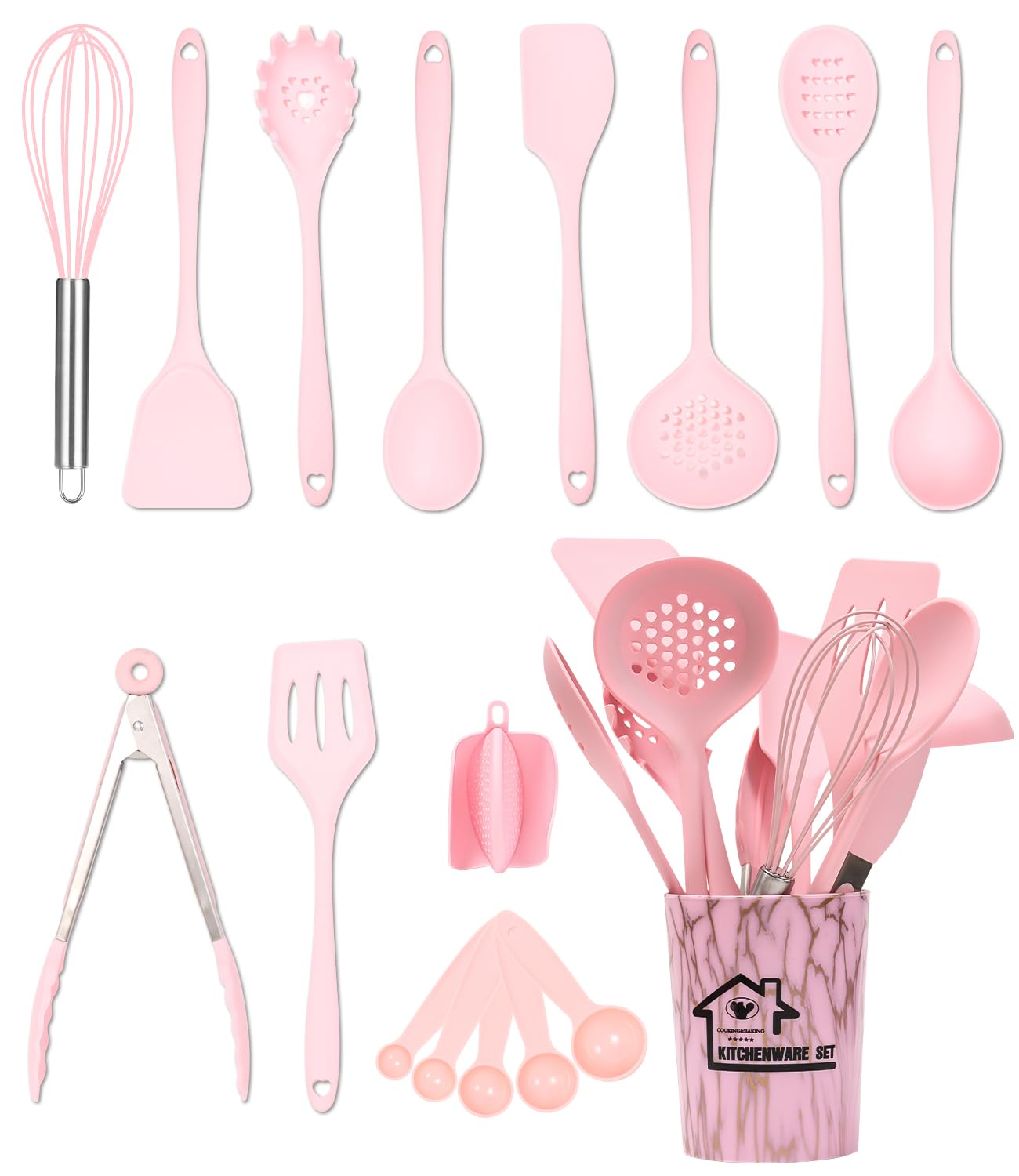 18 Piezas Juego de Utensilios de Cocina de Silicona, Color Rosa (sin BPA)