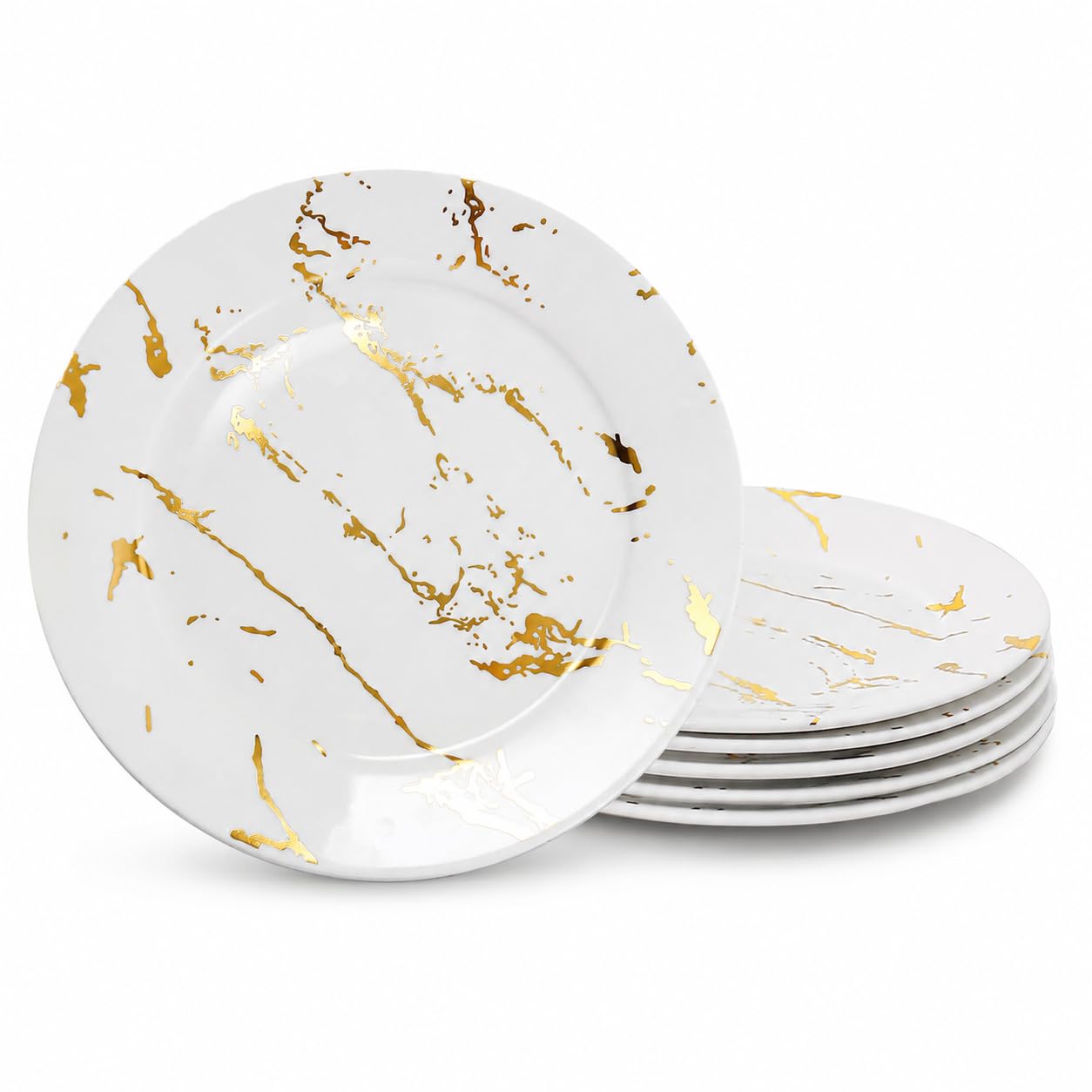 Weiße und goldene Keramikteller, 20,3 cm, 6 Stück, Vorspeisenteller aus Keramik für Abendessen/Salat, elegantes Marmor-Teller-Set für Hochzeit, Party, Essen