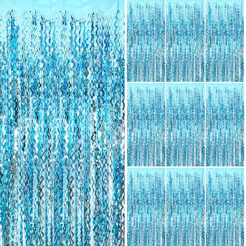 Blue Streamers Photo Backdrop Wave Foil Fringe Curtain Tinsel Backdrop Blue Birthday Parties Favor for Bachelorette, Frozen Birthday Ocean Themed Party Decorations Snow Flakes Decorating