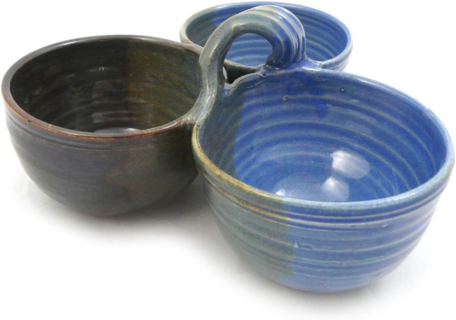 Modern Artisans American Made Stoneware Pottery 3-Bowl Condiment/Sauce Serving Dish in Lakeside Blue