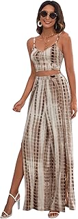 SheIn Women's Two Pieces Outfit Tie Dye Halter Crop Top and Criss Cross Split Thigh Maxi Skirt