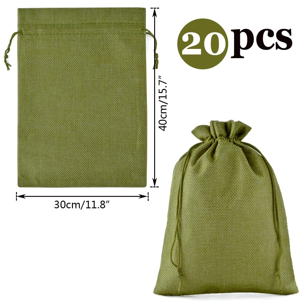 20 Vert Sac Toile de Jute, 30*40cm Sac de Lin de Cordon, Sachet Tissu Avec Cordon Réutilisable , Sac Cadeau de Mariage, Pochette Bijoux, Fête, Calendrier de Noël, Pochette Bijoux
