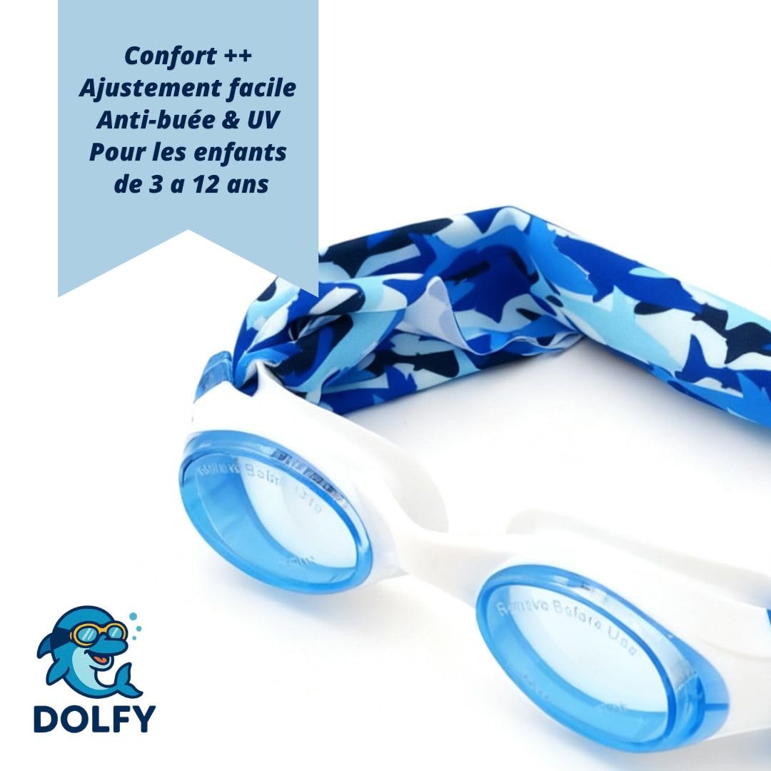 DOLFY Lunettes Piscine Enfant Garçon Requins 3-12 Ans – Lunettes Natation Enfant Étanches Anti-Buée avec Bandeau Stretch Doux- Ne Tire Pas les Cheveux – Protection UV – Piscine, Plage, Apprentissage