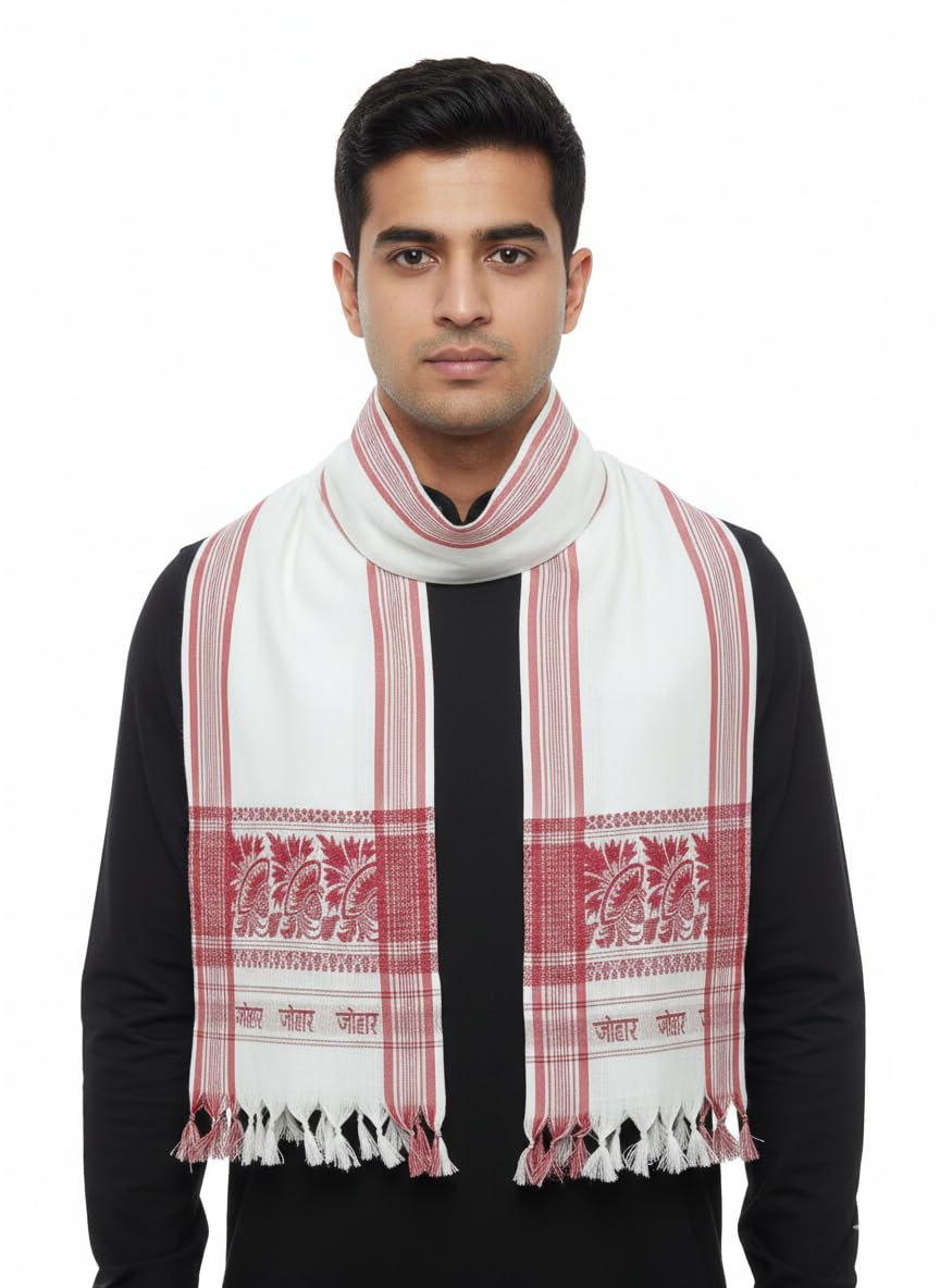 Traditional Assamese Gamosa with Johar Print, Red and White, 64 x 21 Inches-image-27