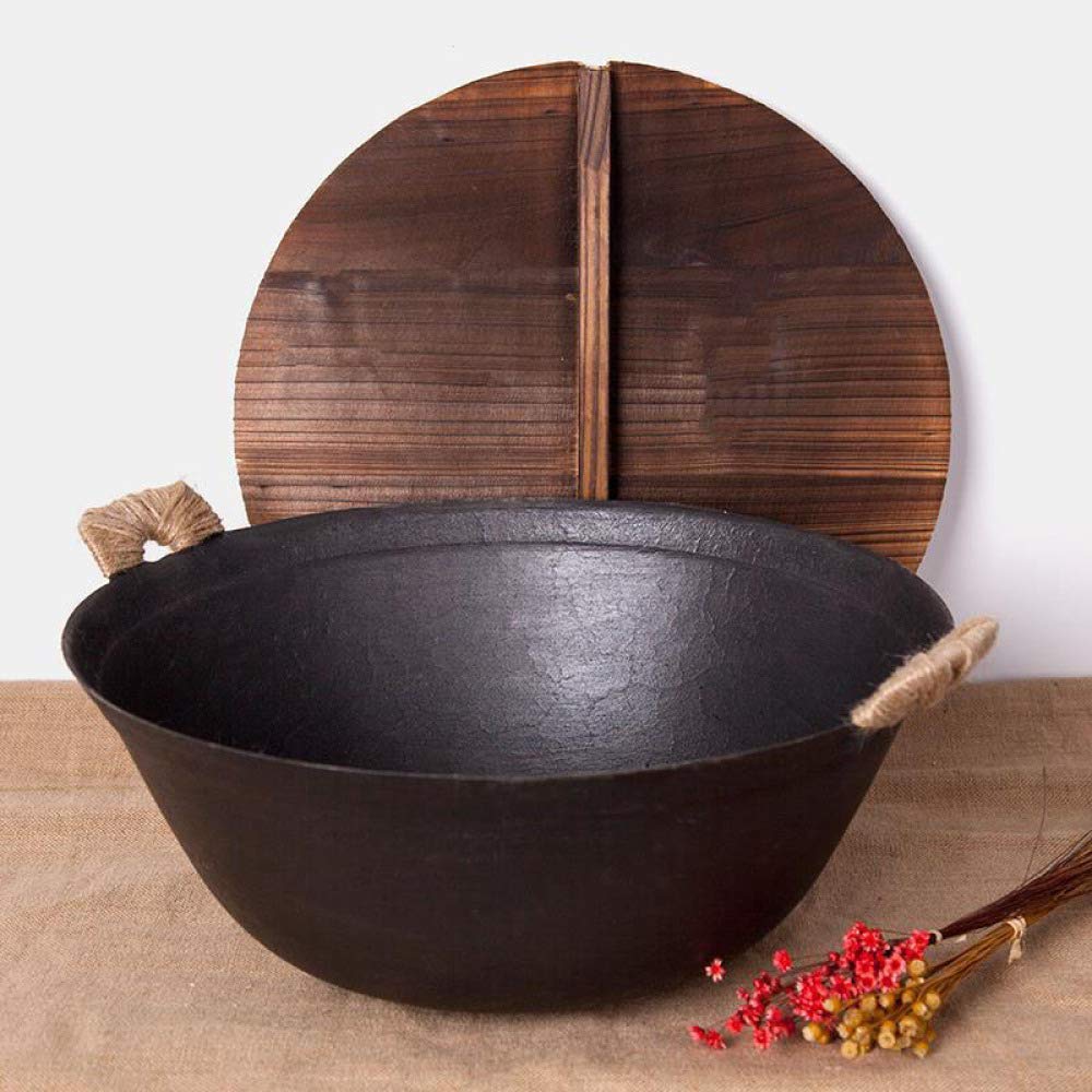Cast Iron Wok Pan Household Double-Ear Large Iron Pot Old-Fashioned Round Bottom Gas 40cm Multipurpose Pot,40CM