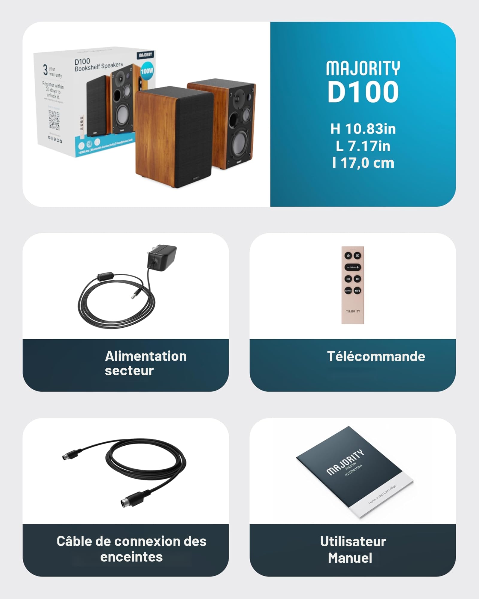 Majority D100 Enceinte Active Amplifiée | 100W Enceinte PC Bluetooth | Triple Conducteur Enceintes Bibliotheques | Enceinte Monitoring Studio avec HDMI Arc | Enceinte HiFi pour Platine Vinyle ou TV