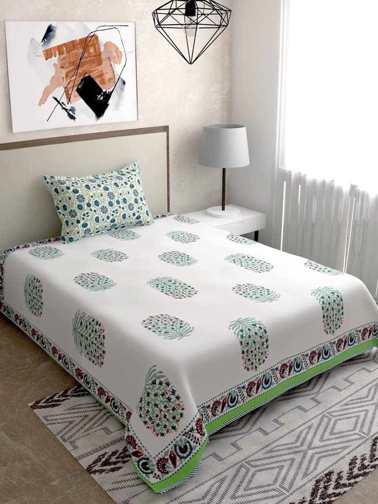 SALONA BICHONA 100% Cotton 144 TC Single Bedsheet with 1 Pillow Cover Green