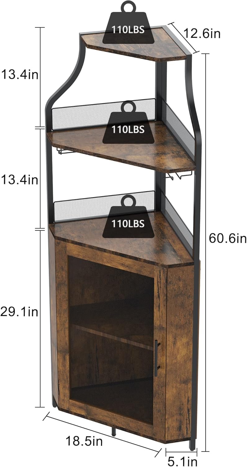 Weinschrank Eckschrank mit Arbeitstisch,Holz Weinschrank mit 5 Ablagefächer Und 2 Glashalterund Netztür für Küche, Wohnzimmer, Esszimmer(152X90x32cm,Naturholzfarbe)