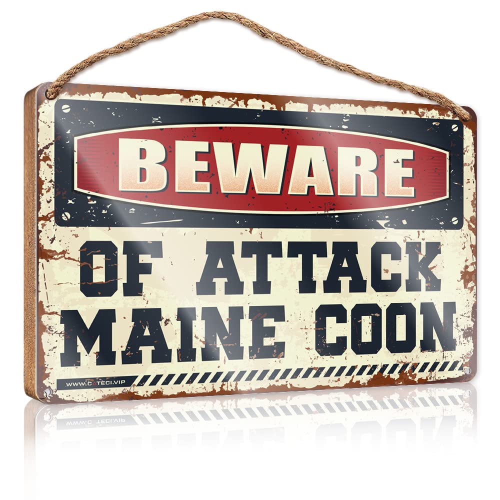 Door Sign For Front Door Outside Beware Of Attack Maine Coon Wooden Sign Funny Bathroom Decor Decor Signs(23X35CM)