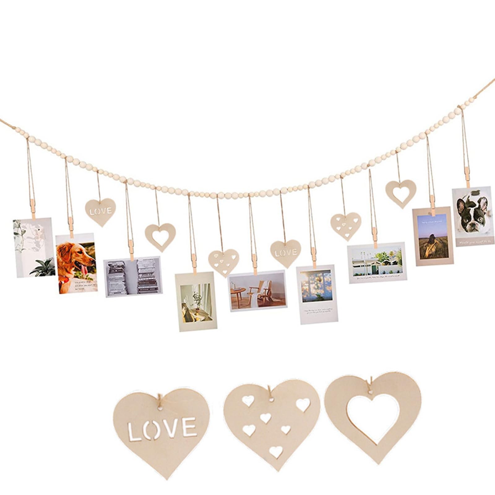 Qusinfc Hanging Photo Display Bohemians Wooden Beaded Garland Pictures Card Holders with 9Wood Clip, Wall Art for Bedroom Dorm Photo String with Clip