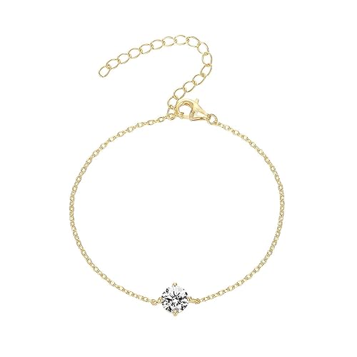 PAVOI 14K Gold Plated Cubic Zirconia Solitaire Diamond Bracelet | Bridesmaid Bracelets | Curb Cable Bracelets for Women - Dainty - Yellow Gold