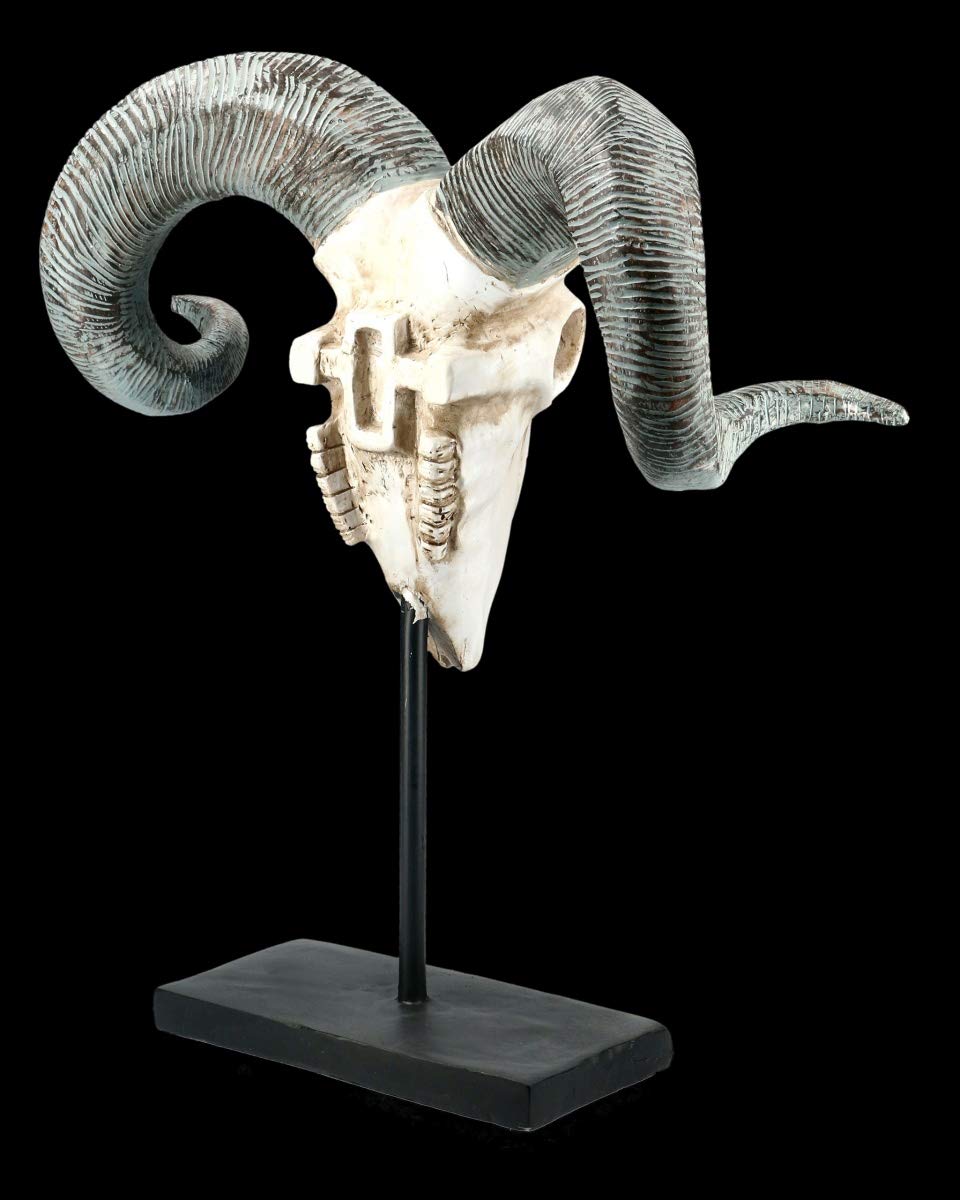 Figuren Shop GmbH Widder Gothic Totenkopf auf Metall Ständer | Fantasy Skull, Dekofigur, Tierfigur, Dekoartikel, Skulptur, Statue, H 46 cm