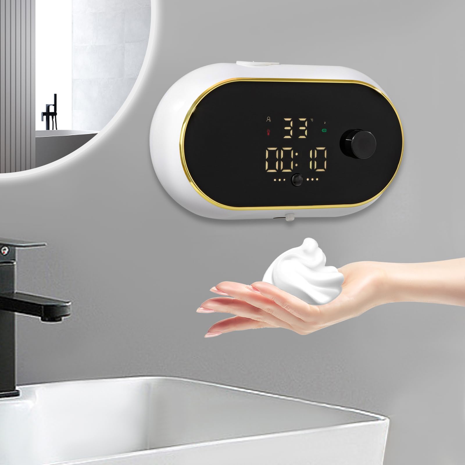 450ML Distributeur de Savon Automatique,LCD Distributeur Savon Mural ABS pour Hôtel Toilette Salle Bain Rechargeable, IPX5 Étanche 18.5X6.5X10.8CM (Blanc)