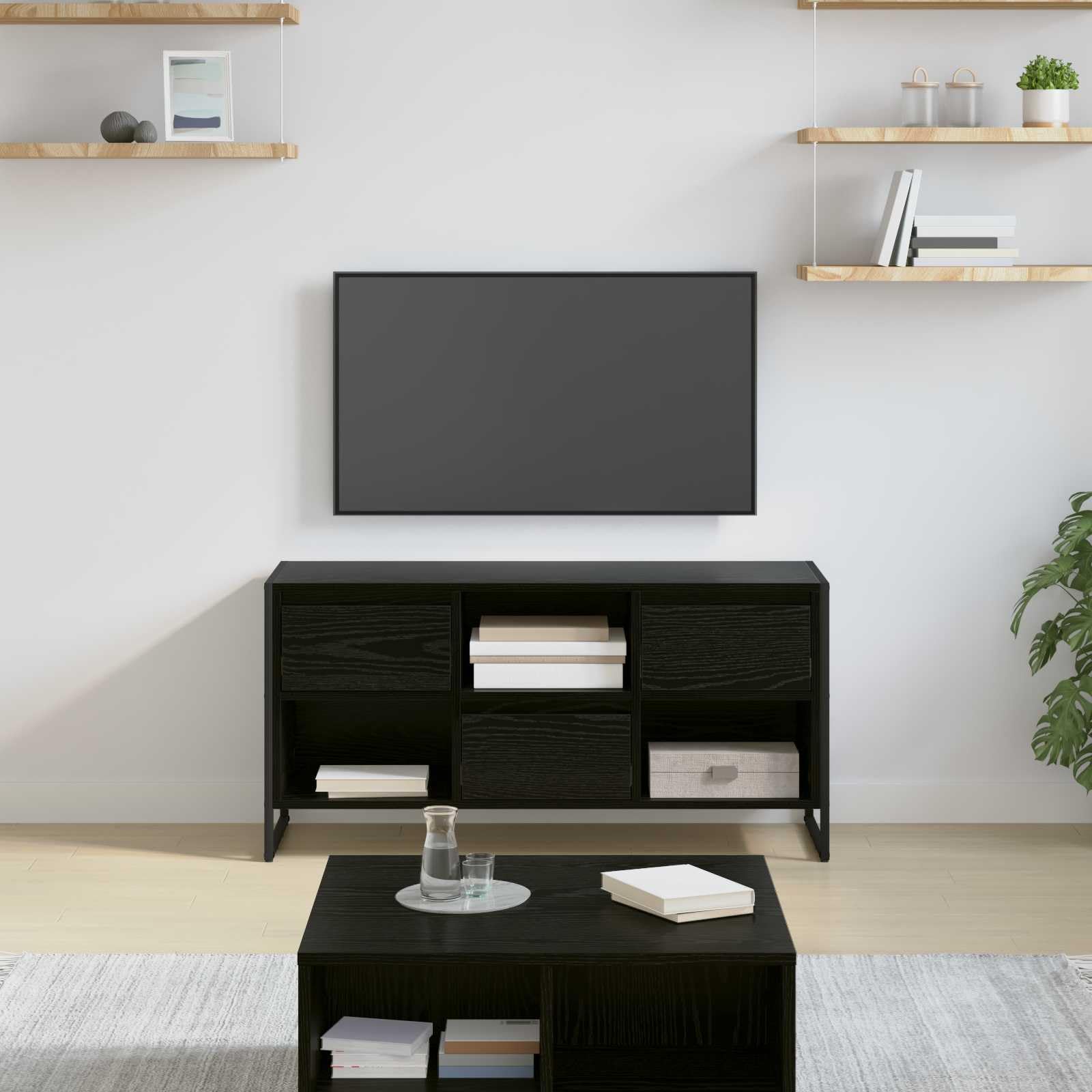 Mobile TV industriale rovere nero 100 x 36 x 49,5 cm con cassetto, legno ingegnerizzato, gambe in acciaio, ripiani a due livelli, stile moderno con fascino rustico, perfetto