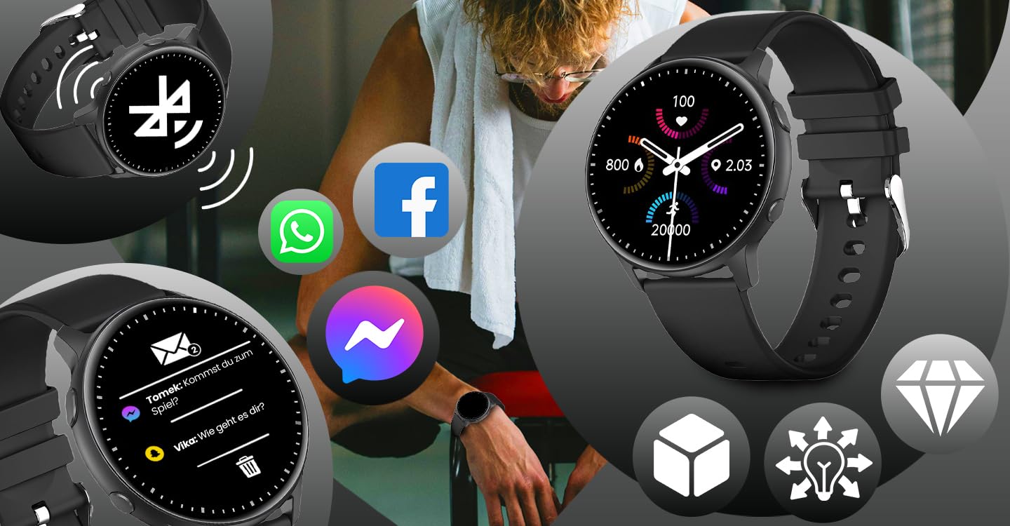 Retoo Montre Connectée Homme Femme 1.3 Pouces Écran Tactile Smart Watch avec Bluetooth 5.0 IP68 Étanche Fitness Montre 140mAh Tracker d'Activité Moniteur de Sommeil Podomètre Sport Montre Noir