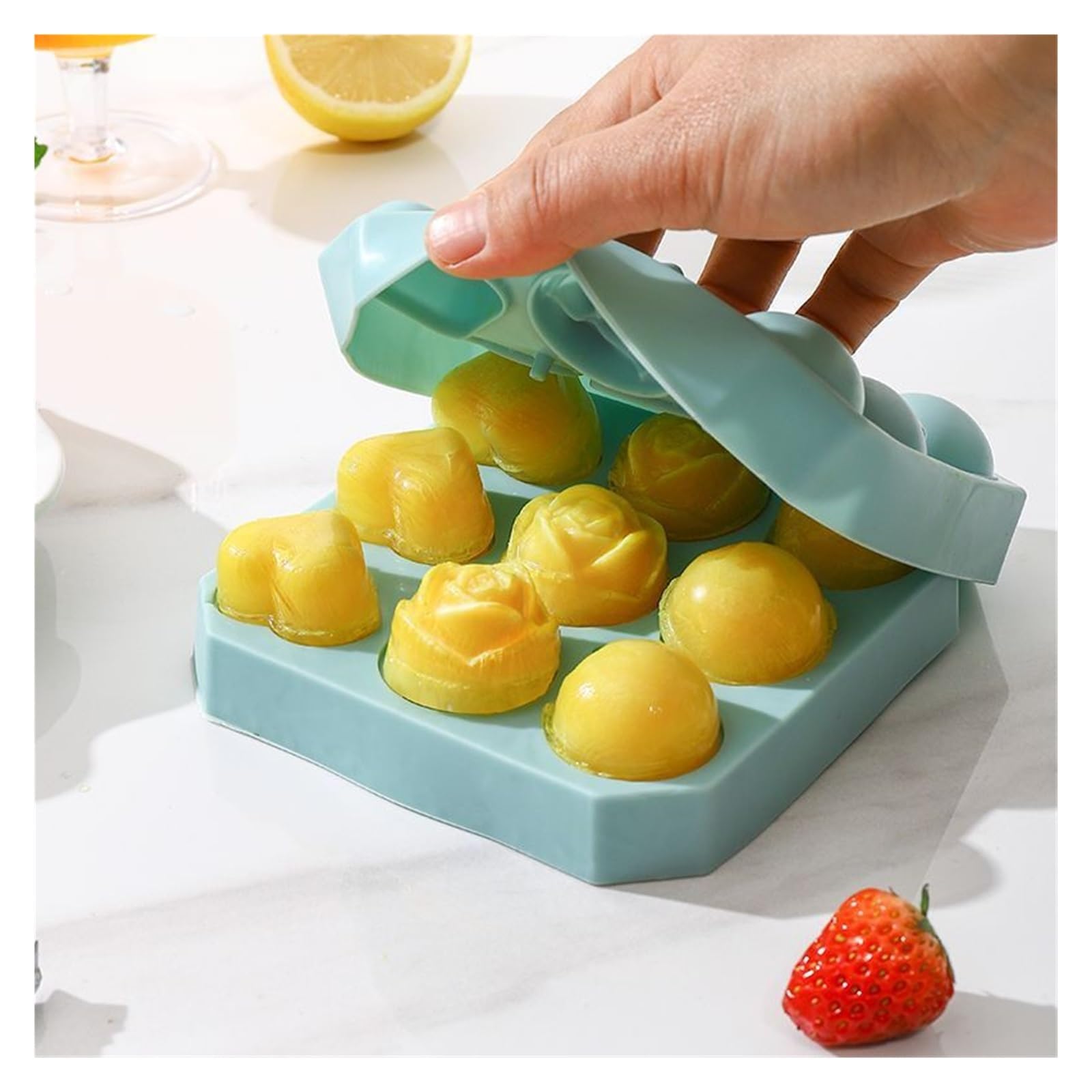 Vassoio per cubetti di Ghiaccio Stampo per Palline di Ghiaccio Cornice in Silicone Vassoi per cubetti di Ghiaccio con Coperchio Grande Fiore Rosa Cuore Forma Rotonda Gadget da Cucina Estivi Senza BPA
