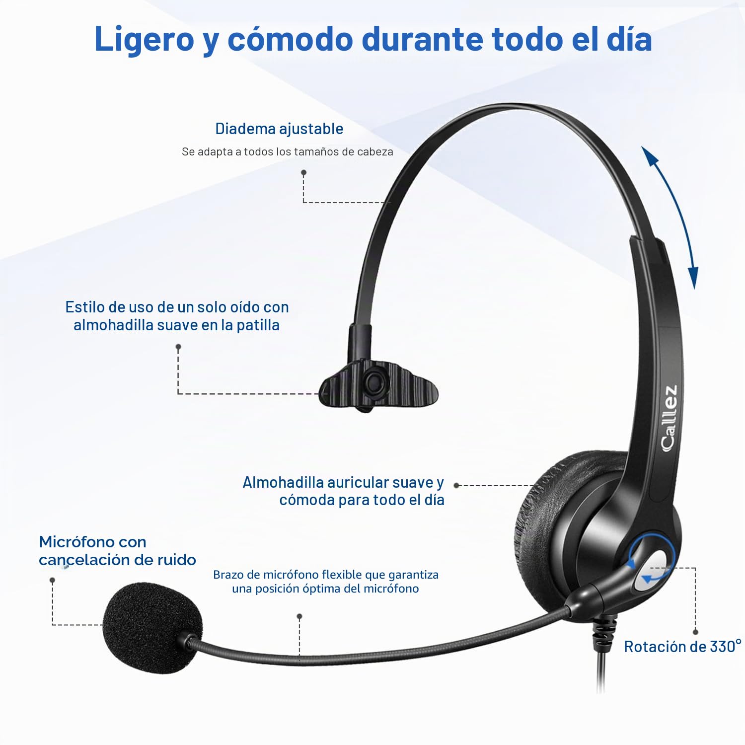Callez Auriculares Teléfono Fijo Inalámbrico Mono, Micrófono con Cancelación de Ruido, Cascos 2,5 mm con Control de Volumen para Panasonic Siemens Gigaset C430 Polycom Cisco Teléfonos DECT