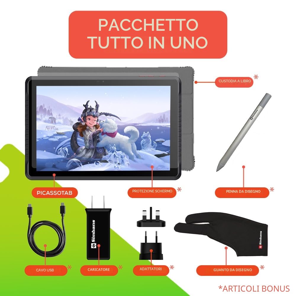 PicassoTab A10 Tavoletta Grafica • Nessun Computer Necessario, Schermo da 10", Stylus Pen Inclusa, App di Disegno PRO e Tutorial, Portatile e Standalone per Artisti Digitali e Studenti • A10