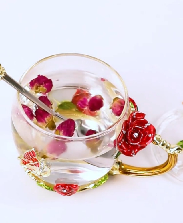 Tazza Da Tè In Vetro Smaltato Con Fiori E Farfalla – Set Con Cucchiaio E Coperchio, Tazza Trasparente Per Tisane, Camomilla, Caffè, Regalo Elegante - 4