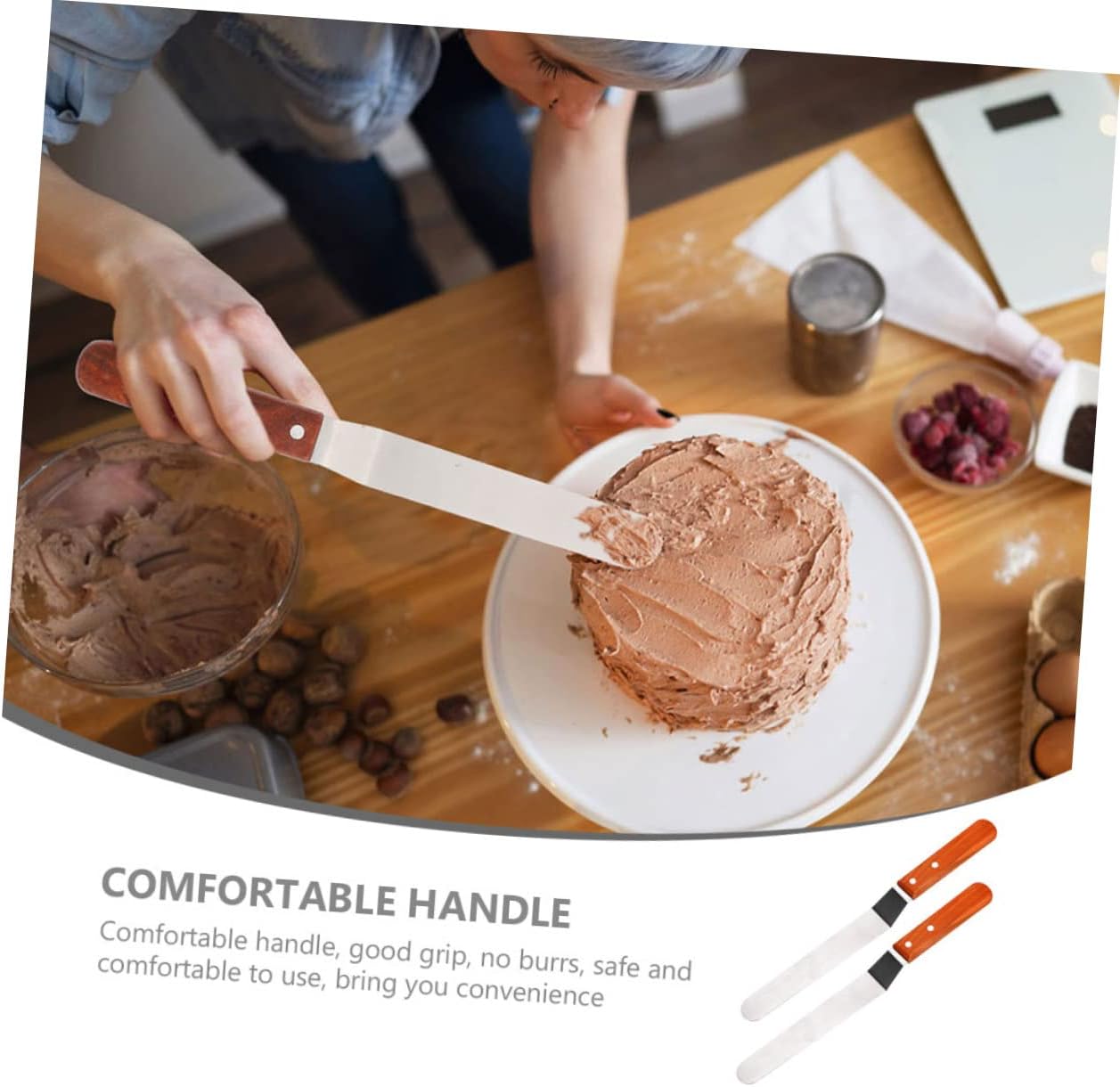 LABRIMP 2-Piece Stainless Steel Butter Spatula Set with Red Wood Handle Non-Slip Cake Icing and Cream Scrapers for Baking Supplies for Cake Decorating and DIY Baking