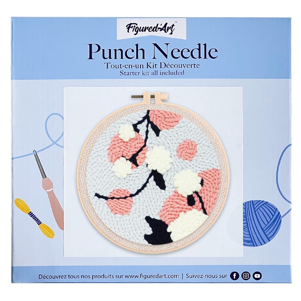 Figured'Art Punch Needle Kit de Bordado Adultos y Niños - Muérdago - Manualidades Kit de Aguja Mágica DIY completo - 20x20cm con bastidor circular