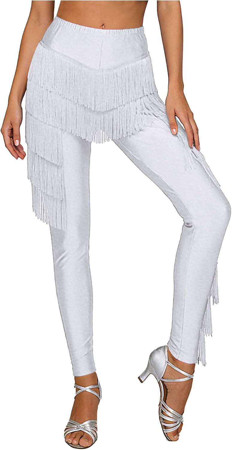 XUNZOO Women's Dance Pants Latin Fringe Tassel Trousers Long Leggings for Performance Competition Practice