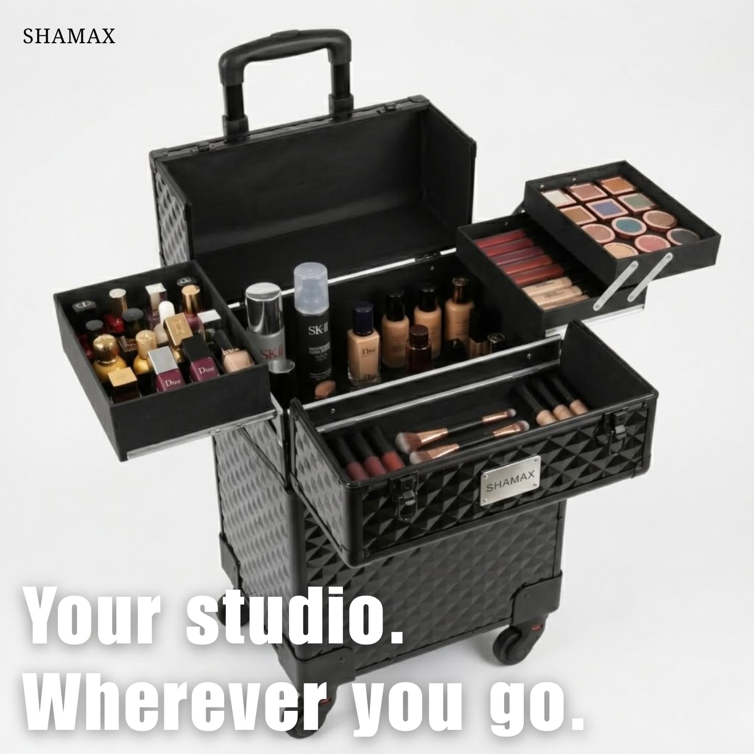 SHAMAX Professional Rolling Makeup Train Case, Cosmetic Organizer Trolley, Makeup Artist Vanity Trolley for Hairdressers, Salon, Nail Artist & Beauty MUA, 360° Silent Universal Self Lock Wheels 2