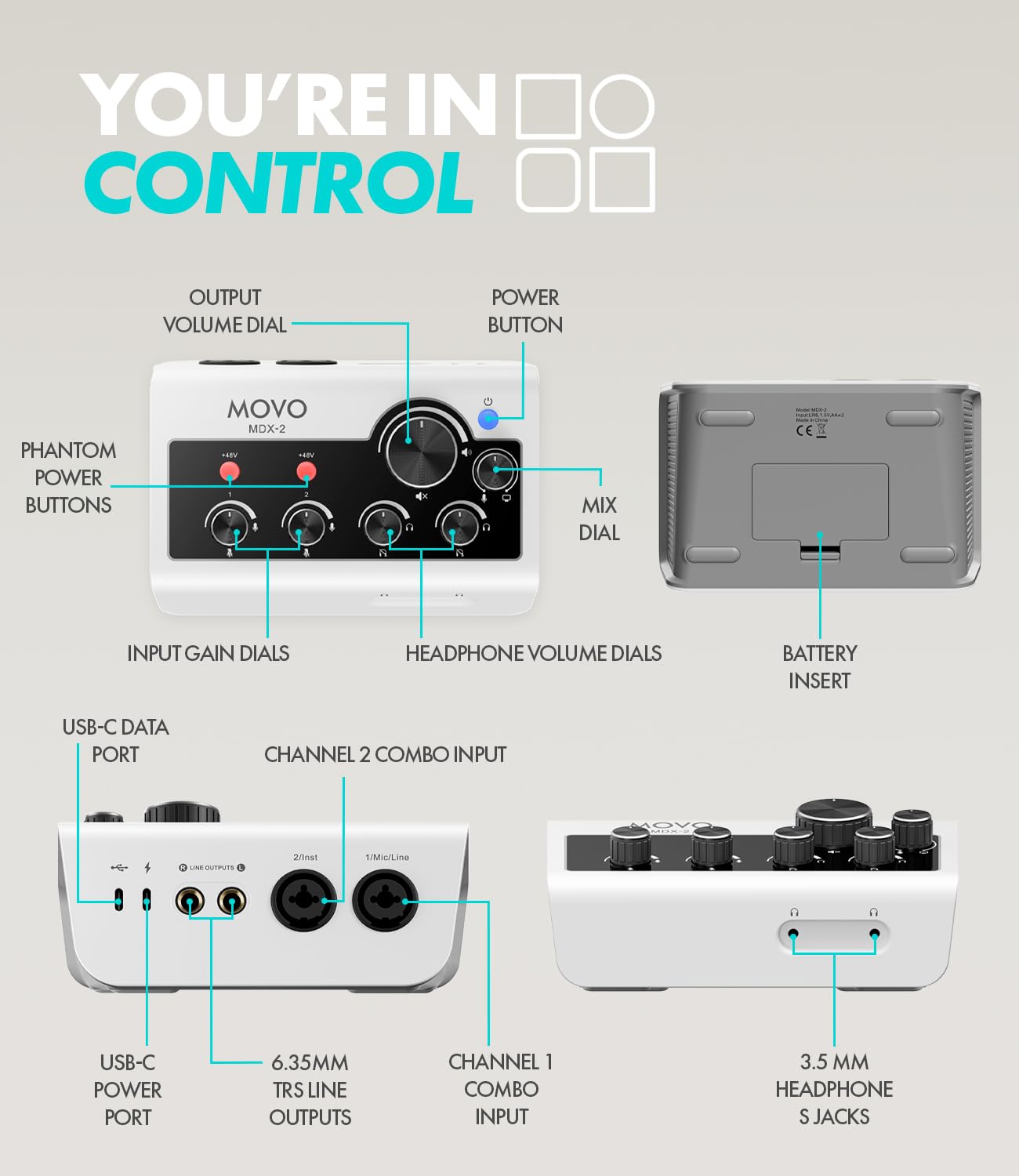 Movo Set di attrezzature per podcast portatili per telefoni iPhone/Android, kit podcast con interfaccia audio, 2 microfoni dinamici CastMic, 2 cuffie, 2 bracci a braccio, per smartphone, computer, PC