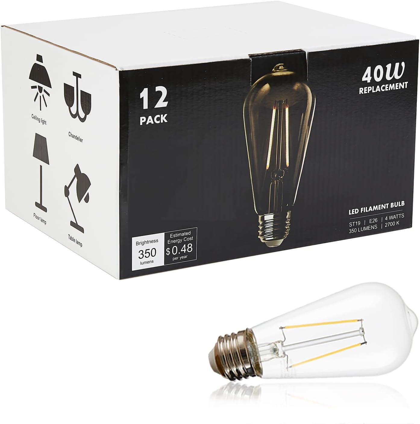 12 Pack LED Edison Bulbs 40 Watts Equivalent, 4 Watt LED Vintage Light Bulb, 5000K Daylight ST19 Light Bulb, 400LM E26 Base for Light Fixtures 5000k-not Dimmable 12