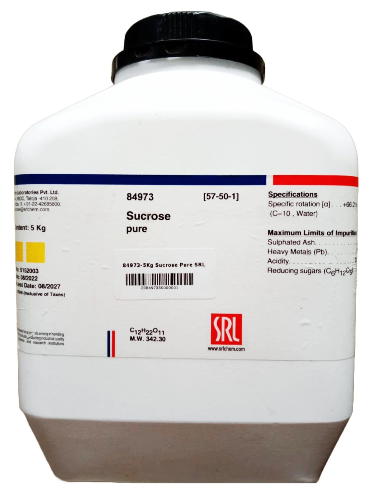 SRL Sucrose pure, 5Kg, CAS NO 57-50-1, Molecular Formula : C12H22O11, Molecular Weight : 342.30, Storage : Room Temperature, Shelf Life : 60 Months for laboratory and industrial use (B0CFJVD3QF) Amazon Price History, Amazon Price Tracker
