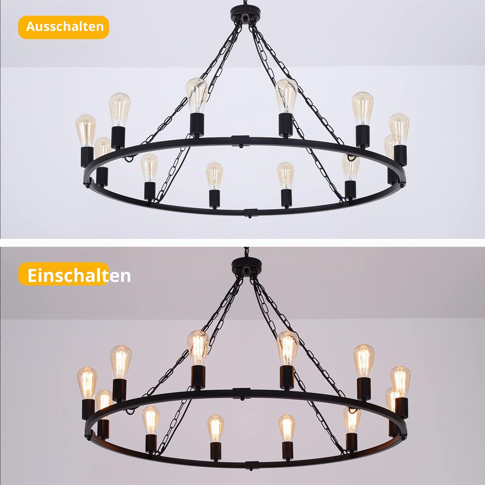 Eoodis Kronleuchter Schwarz Vintage 12-flammig Wagenrad Kronleuchter Ø100cm Rustikale Landhausstil Pendelleuchte Höhenverstellbar E27 Hängelampe für Esszimmer, Wohnzimmer, Küche