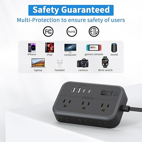 Miniatura 9 de NTONPOWER - Cable de extensión largo 10 en 1 de 25 pies con 4 puertos USB (incluye 2 USB C) cable de extensión con múltiples tomas de corriente