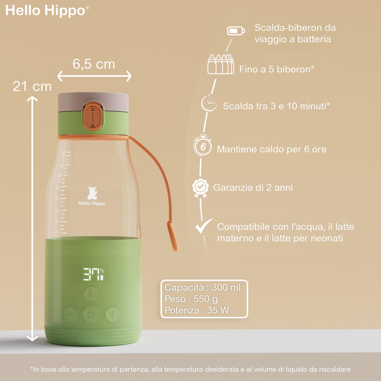 HELLO HIPPO® Premium Scaldabibero portatile, USB, 300 ml - senza fili, batteria - ideale per i viaggi - Riscalda latte/acqua - Graduazione /30ml - Temperatura regolabile 37 a 50°C + mantiene