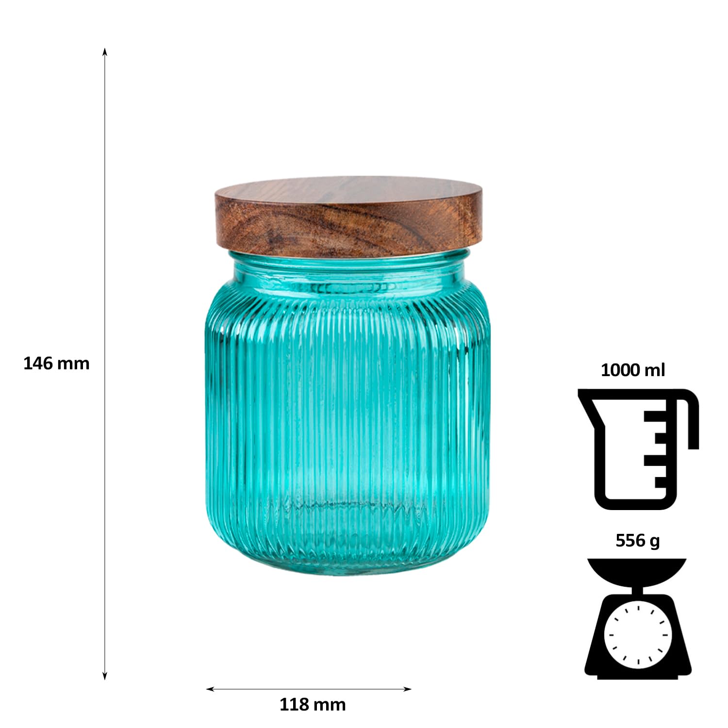 Pojemniki na zapasy ze szkła, zestaw 500 ml, 1000 ml, 2000 ml, 3000 ml, 4 słoiki żebrowane z drewnianymi pokrywkami, dekoracyjne szklane pojemniki na przyprawy, zioła, słodycze, turkusowe