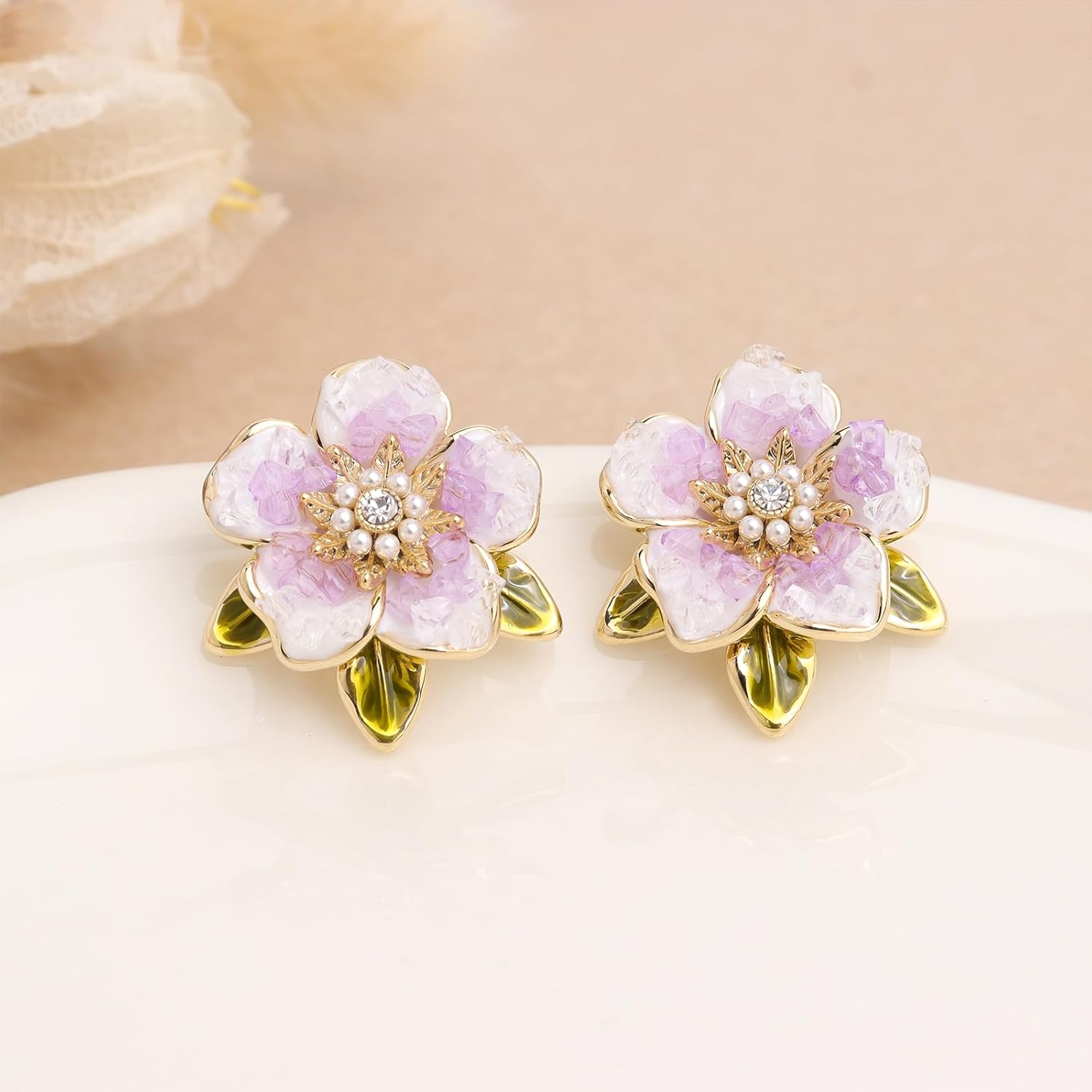 Jean Beau Chunky Crystal Flower Leaf Stud Earrings for Women, Gold Plated Elegant Floral Pearl Accent stones Earring Trendy Prom Wedding Accessories Jewelry Gift - Image 6