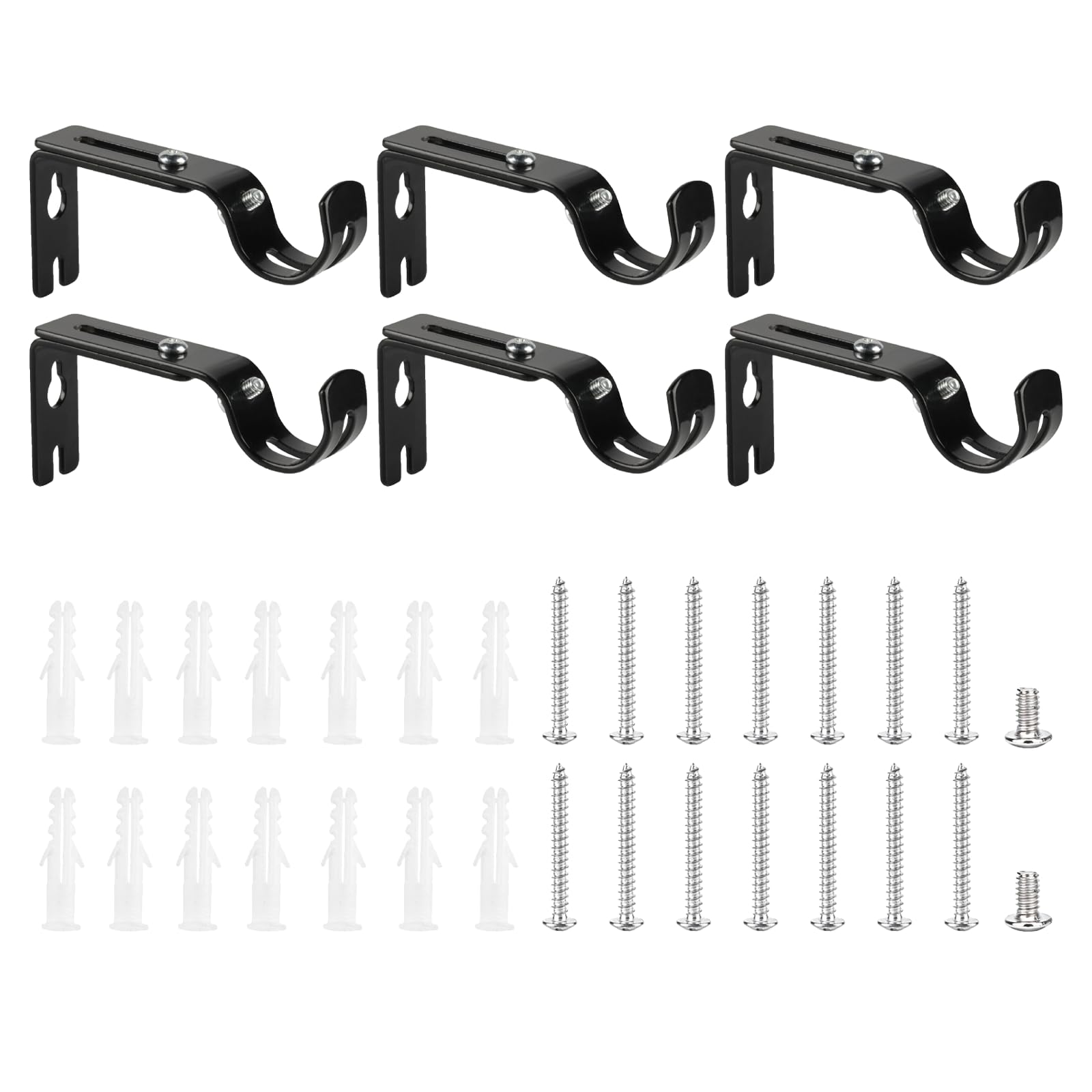 6 Heavy Duty Curtain Pole Holders, Adjustable for 25mm Poles, Black Metal Wall Rod Brackets