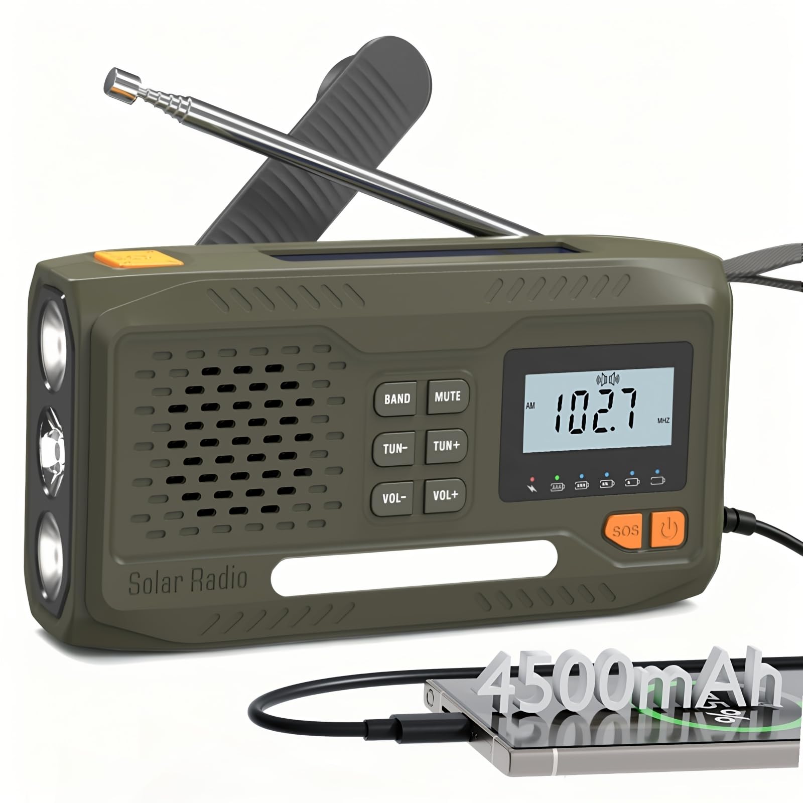 Radio Survie, Radio Solaire Portable à Piles avec Batterie Rechargeable 4500mAh, AM/FM à Manivelle, Écran, Kit d'urgence avec Lampe, Alarme SOS et Le Chargement d'urgence du Téléphone Intelligent