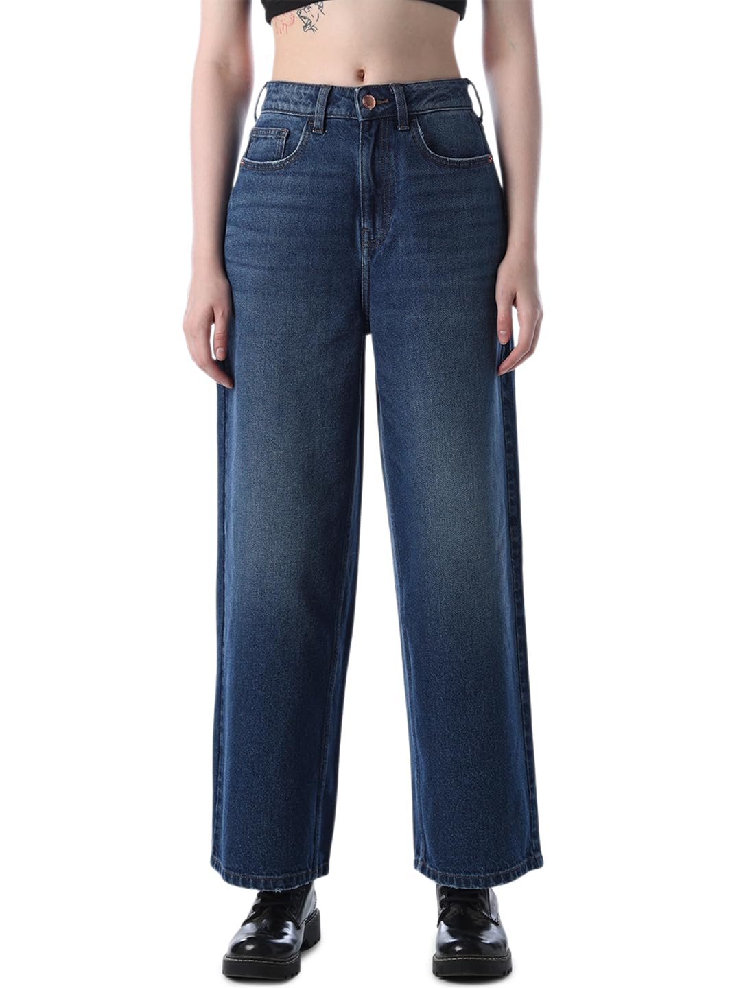 ONLY Women's Solid Wide Leg High Rise Black Jeans in black
